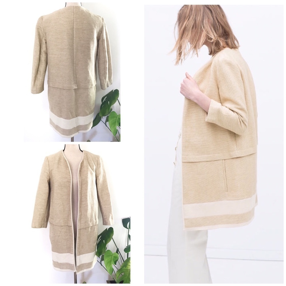 Zara Colorblock Light Tan Cotton Linen Open Coat S​​​​​​